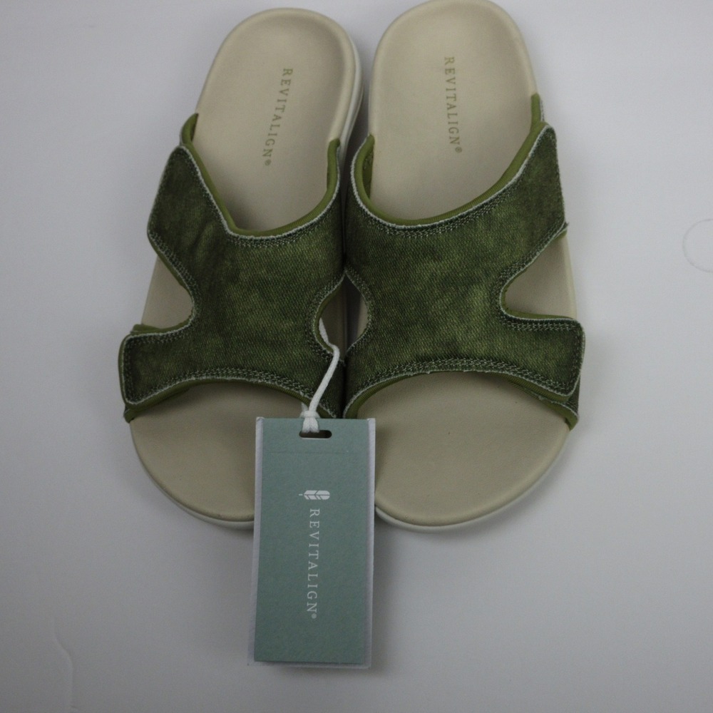 Revitalign Kholo Denim Slide Sandals Womens 9D Olive Green Orthotic Comfort New